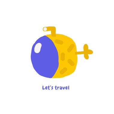 Komik elli şirin sualtı kartpostalı karalama denizaltısı, batisscaphe. Deniz, okyanus dibi resif örtüsü, şablon, afiş, poster, baskı. Çocuklar için çizgi film tarzı arkaplan