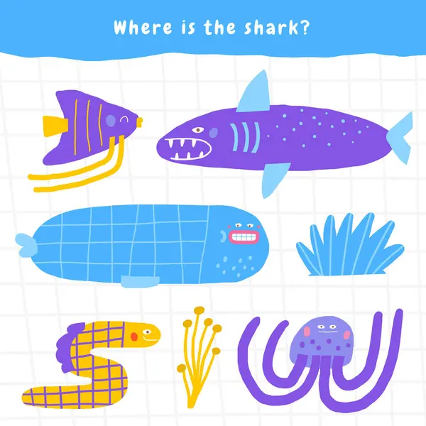 어린이를위한 게임을 있습니다 귀여운 손으로 재미있는 고래와 물고기 해파리 워크시트 벡터 그래픽