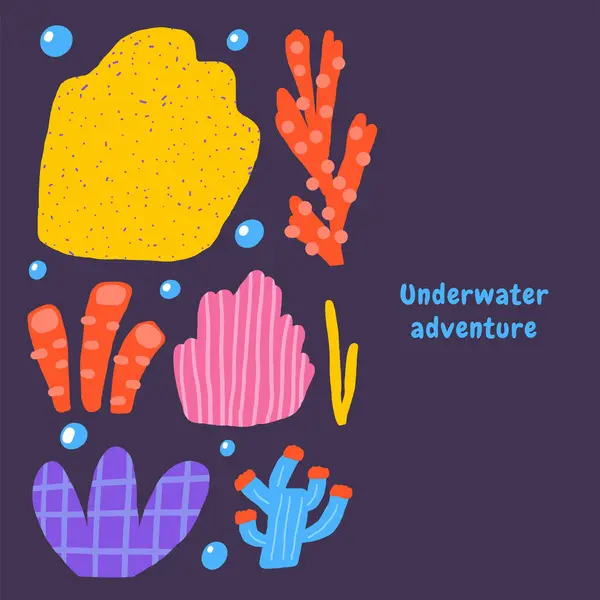 Симпатичный Подводный Баннер Флаер Карточка Смешными Нарисованными Вручную Каракулями Коралла Стоковый вектор