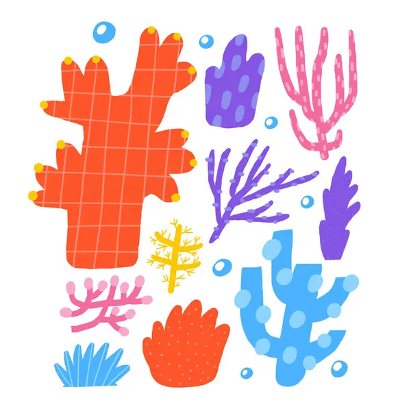 Милая Подводная Открытка Смешными Нарисованными Вручную Каракулями Коралла Губки Водорослей Стоковая Иллюстрация
