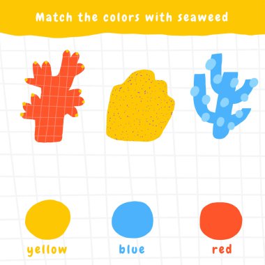 Çocuklar için okyanus hayatı oyununu öğren. Sevimli el çizimi komik sualtı karalaması, mercanlı deniz yapbozu, yosun, deniz bitkisi. Eğitim öğrenme renkleri çalışma tablosu, zihin görevi, bilmece, strateji sınavı, zihinsel muziplik