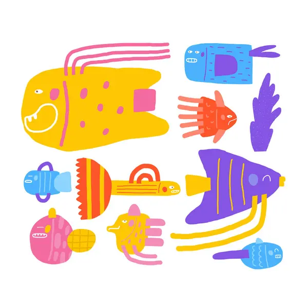 Cute Underwater Postcard Funny Hand Drawn Doodle Sea Ocean Bottom Gráficos Vetores