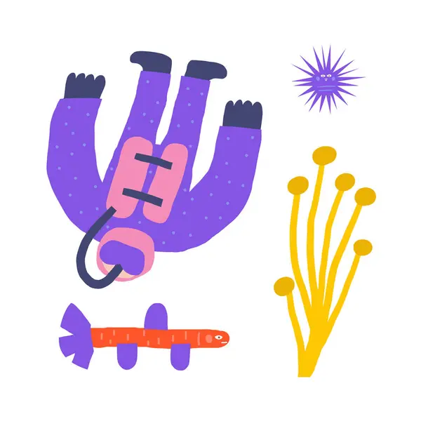 Симпатичная Подводная Открытка Смешной Рисованной Вручную Каракули Дайвер Пловец Коралл Стоковая Иллюстрация