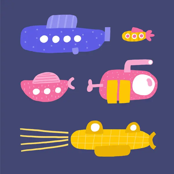 Симпатичная Подводная Открытка Забавной Нарисованной Вручную Каракулями Подводной Лодкой Батискафом Лицензионные Стоковые Векторы