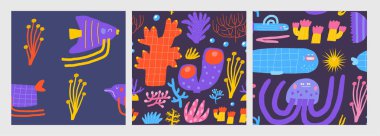 Güzel okyanus sualtı desenleri ayarlandı. Deniz yosunu, deniz bitkisi, mercan, sünger, resif, balina, denizanası ile komik el çizimi tekrarlanabilir desen. Okyanus resifi yaşam teması arkaplanı