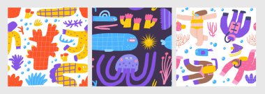 Güzel okyanus sualtı desenleri ayarlandı. Komik el çizimleri yosun, deniz bitkisi, mercan, sünger, resif, dalgıç, yüzücü, balina, denizanası ile tekrarlanabilir desen çiziyor. Okyanus resifi yaşam teması arkaplanı