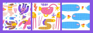 Güzel okyanus sualtı desenleri ayarlandı. Deniz yosunu, deniz bitkisi, mercan, sünger, resif, balina, balıkçı, yılan balığı, dalgıç, yüzücü ile komik el çizimleri tekrarlanabilir desen. Okyanus resifi yaşam teması arkaplanı