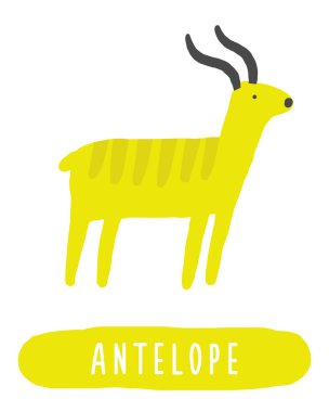 Ormandaki hafıza kartını öğren. Çocuklar için İngilizce kelimeler öğreniyorum. Üzerinde antilop hayvan karakteri olan güzel bir el çizimi eğitim kartı. Okul öncesi yağmur ormanı, vahşi doğa öğrenme materyali