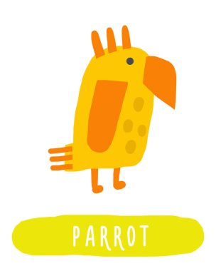 Ormandaki hafıza kartını öğren. Çocuklar için İngilizce kelimeler öğreniyorum. Papağan karakterli güzel bir el çizimi eğitim kartı. Okul öncesi yağmur ormanı, vahşi doğa öğrenme materyali