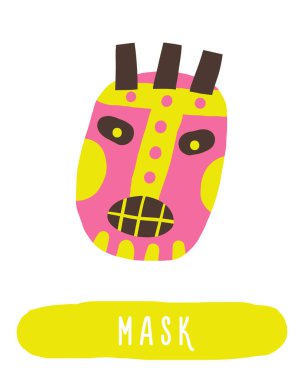 Ormandaki hafıza kartını öğren. Çocuklar için İngilizce kelimeler öğreniyorum. Sevimli el çizimi, kabile maskeli eğitim kartı. Okul öncesi yağmur ormanı, vahşi doğa öğrenme materyali