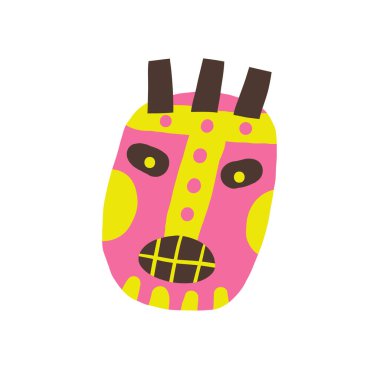 Tatlı orman, yağmur ormanı kompozisyonu, komik elle çizilmiş kartpostal şaman kabilesinin yüz maskesi. Vahşi doğa, yosunlu orman, ahşap t-shirt baskısı, örtü, şablon, afiş, poster, baskı.