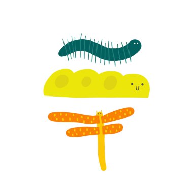 Tatlı orman, yağmur ormanı kompozisyonu, komik elli kartpostal karalama yusufçuğu, tırtıl, larva. Vahşi doğa, yosunlu orman, ahşap t-shirt baskısı, örtü, şablon, afiş, poster, baskı.