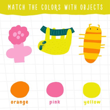 Çocuklar için orman renkleri oyununu öğrenin. Sevimli el çizimi komik vahşi doğa, yağmur ormanları bulmacası çiçekli, tembel hayvan, böcek. Çocuklar için eğitim programı, zihin görevi, bilmece, strateji sınavı