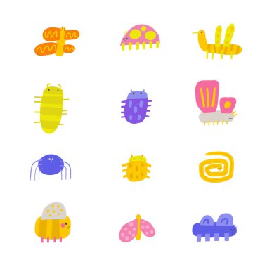 Tatlı orman, yağmur ormanı kompozisyonu, komik elli kartpostal çizilmiş karalama böceği, böcek, kelebek, güve, arı, solucan, örümcek. Vahşi doğa, yosunlu orman, ahşap t-shirt baskısı, kapak, şablon, afiş baskısı