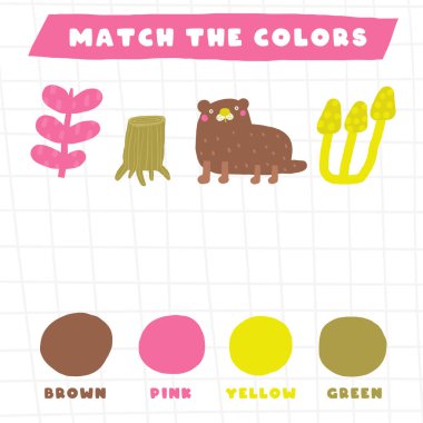 Çocuklar için renk oyunu öğren. Şirin el çizimi su samuru, bitki, mantar ve kökle komik su bulmacası. Eğitim programı, zihin görevi, bilmece, strateji sınavı