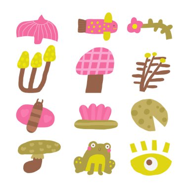 Şirin mors, bataklık doğası kompozisyonu, komik elle çizilmiş kartpostal karalama bitkileri, ağaçlar, mantar, balık, kuş, göz, kurbağa, hayvan, mantar. Vahşi bataklık doğası nesneleri