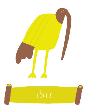 Learn ancient Egypt objects flashcard. Learning English words for kids. Cute hand drawn doodle educational card with ibis bird. Preschool desert learning material clipart