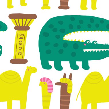 Şirin eski Mısır 'ın kusursuz deseni. Komik el çizimi deve, timsah, hiyeroglifli sütun, hayvan tanrıları ile tekrarlanabilir desen. Eski uygarlık, çöl, Arap temalı arka plan