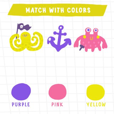 Çocuklar için renkli korsan oyunu öğren. Sevimli el ahtapot, yengeç hayvanı ve çapayla komik deniz yapbozu çizmiş. Eğitim programı, zihin görevi, bilmece