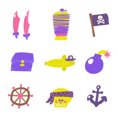 Cute pirate theme composition, postcard with funny hand drawn doodle sword, flag, skull, crossbones, chest, fish, bomb, ship wheel, anchor. Marine, nautical Caribbean objects, clip art set clipart