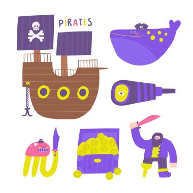 Şirin bir korsan temalı kompozisyon, komik el çizimli karalama gemisi, tekne, balina, şapka, dürbün, göğüs, altın, sikke, korsan karakter. Denizci, Karayipli haydut baskısı.,