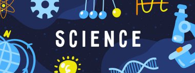 Şirin bilim temalı kompozisyon, el yazısı çizilmiş karalama mikroskobu, matara, DNA, fikir ampulü, mıknatıs alanları, sarkacı. Kimya, matematik, fizik, biyoloji kapağı, arkaplan