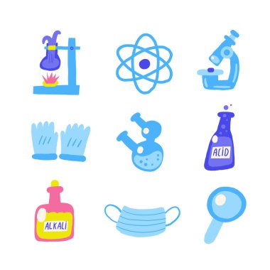 Şirin bilim kimyası temalı kompozisyon, komik elli kartpostal karalama asit, tüp, matara, maske, atom, eldiven, hoparlör, mikroskop, alkali. Okul, bilim, eğitim nesneleri