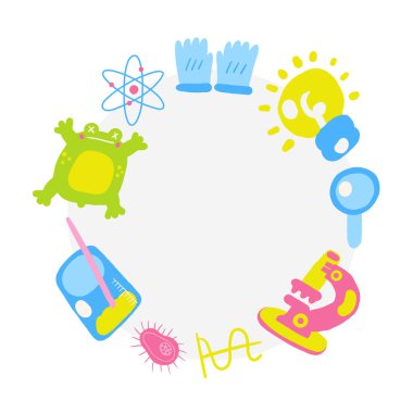 Şirin bilim temalı kompozisyon, el yazısı çizilmiş afiş kurbağa, eldiven, ampul, atom yapısı, virüs, matara, mikroskop, hücre. El çizimi yuvarlak pankart, davetiye, kart