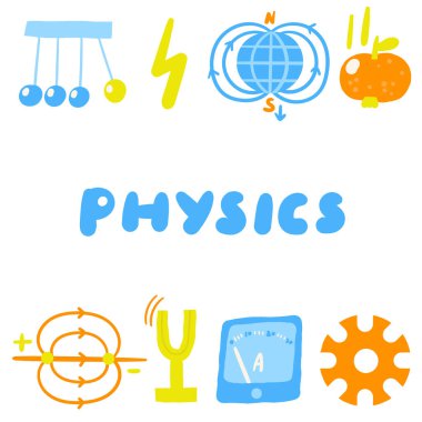 Şirin bilim temalı kompozisyon, el yazısı çizilmiş karalama yıldırımı, kuvvet, grafik, ammetre, sarkaç, mıknatıs alanı, elektrikli alet, mekanik. Bilim, fizik, teknoloji kapağı, arkaplan