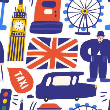 Şirin İngiltere, İngiliz, Büyük Britanya, İngiltere kusursuz bir düzen. Bayrak, Big Ben, posta kutusu, taksi, taksi, araba, Charlie Chaplin gibi komik çizimler. İngiliz tema arkaplanı