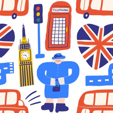 Şirin İngiltere, İngiliz, Büyük Britanya, İngiltere kusursuz bir düzen. Queen, Big Ben, kırmızı otobüs, bayrak, telefon kulübesi ve yol ile komik el çizimleri tekrarlanabilir desen. İngiliz tema arkaplanı
