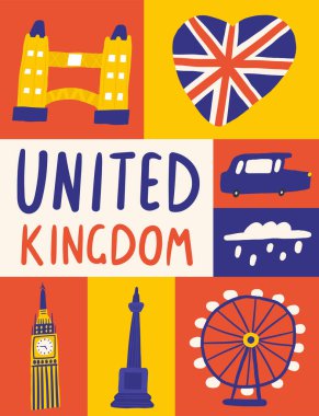 Şirin İngiltere, İngiliz, Büyük Britanya, Birleşik Krallık kompozisyonu, komik karalama ile pankart Big Ben, Trafalgar Meydanı, kule, bayrak, araba, taksi, yağmur, dönme dolap. İngiliz nesneleri arka planı