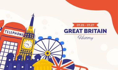 Şirin İngiltere, İngiltere, İngiltere, Birleşik Krallık kompozisyonu, komik elle çizilmiş pankart Big Ben, dönme dolap, bayrak, kule, kırmızı telefon kulübesi, kutu, müze. İngiliz geçmişi