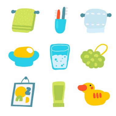 Banyo içi nesneler hazır. Güzel el çizimi mobilyalar içinde havlu, askı, tuvalet kağıdı, diş fırçası, sabun, bir bardak su, banyo bezi, plastik ördek. Modern tuvalet elementleri