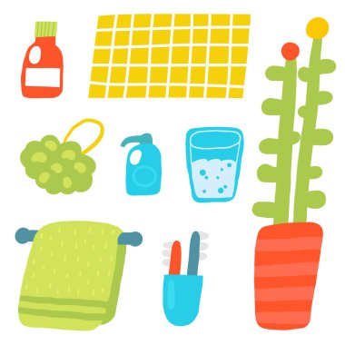 Banyo içi nesneler hazır. Güzel el çizimi mobilyalar içinde fayans, havlu, askı, sabun, saksı, diş fırçası, bir bardak su, sabun, bez. Modern tuvalet elementleri