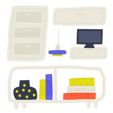 Oturma odasının içi nesne dolu. Güzel el çizimi ev mobilyaları televizyon masası, lamba, raf, kitaplar, dolap, masa, dolap. Modern daire elementleri