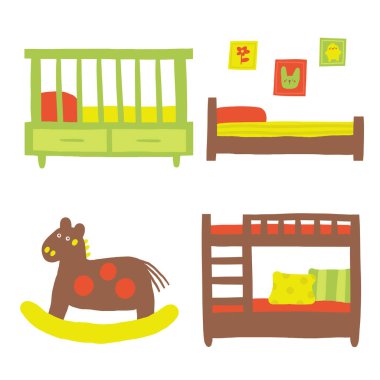Çocukların odasının içi nesne dolu. Güzel el çizimi karalama evi çocukları mobilyalar, yatak, ahşap ev oyuncağı, çift kişilik yatak, iki katlı yatak, bebek yatağı, gece yatağı. Daire elemanları