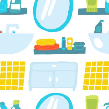 Banyo iç kısmı pürüzsüz. Güzel el çizimi, ayna, fayans, lavabo, musluk, sabun, havlu, raf, jel, makyaj, şampuan, masa, krem ile tekrarlanabilir desen. Modern tuvalet arka planı