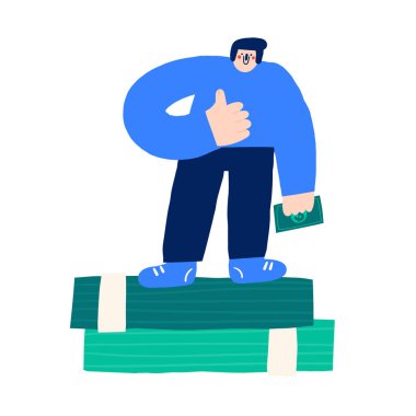 Para, finans, ödeme tabelası, ikon, kompozisyon. Şirin bir karalama pazarı, kazanç, depozito, para, bir yığın doların üzerinde kalan adamla yapılan ödeme illüstrasyonları, kazanan. Mali iş geçmişi