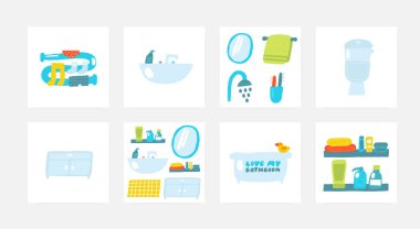 Banyo içi nesneler hazır. İçeriye güzel el çizimi mobilyalar, perde, havlu, tutucu, halı, masa duvarı resmi, sabun, çöp tenekesi, saksı, fırça, pompa. Modern tuvalet.