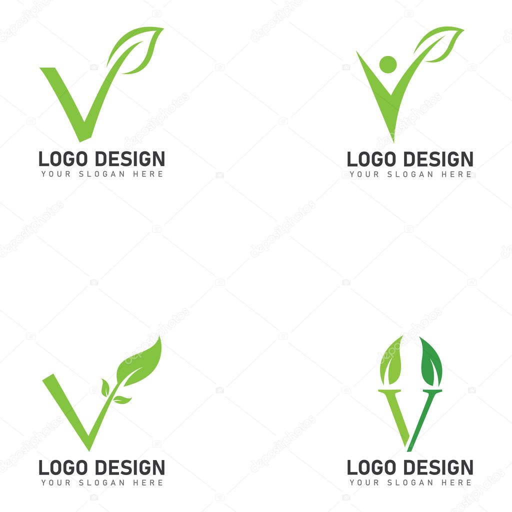 Set of initial letter v with leaf logo design vector icon