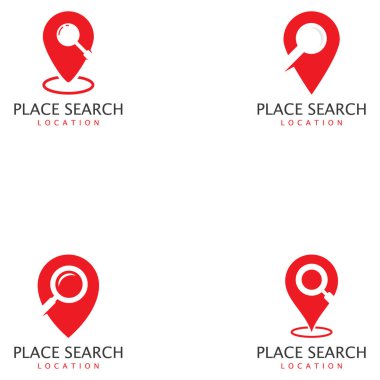 Arama - adres işaretçi ve simge Büyüteç veya Büyüteç'i bir yerde. Seyahat acentası ve konumu harita vektör simgesi