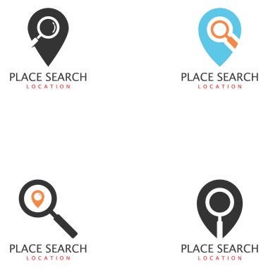 Arama - adres işaretçi ve simge Büyüteç veya Büyüteç'i bir yerde. Seyahat acentası ve konumu harita vektör simgesi