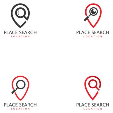 Arama - adres işaretçi ve simge Büyüteç veya Büyüteç'i bir yerde. Seyahat acentası ve konumu harita vektör simgesi