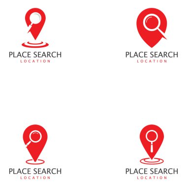Arama - adres işaretçi ve simge Büyüteç veya Büyüteç'i bir yerde. Seyahat acentası ve konumu harita vektör simgesi