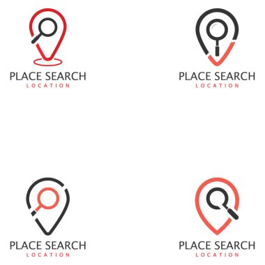 Arama - adres işaretçi ve simge Büyüteç veya Büyüteç'i bir yerde. Seyahat acentası ve konumu harita vektör simgesi