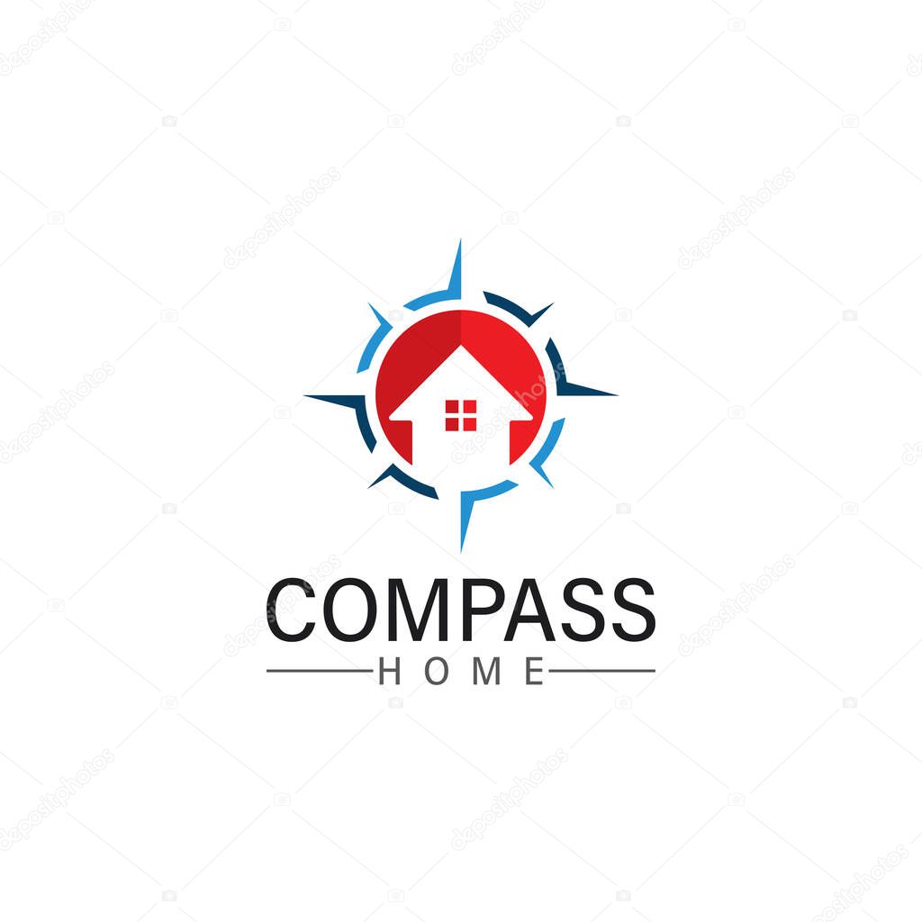 Logo search home icon.searching house with compass symbol logo