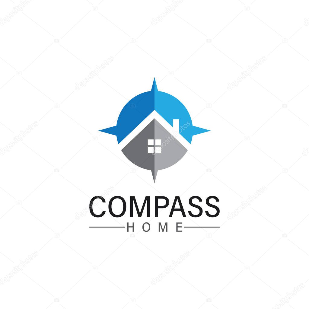 Logo search home icon.searching house with compass symbol logo