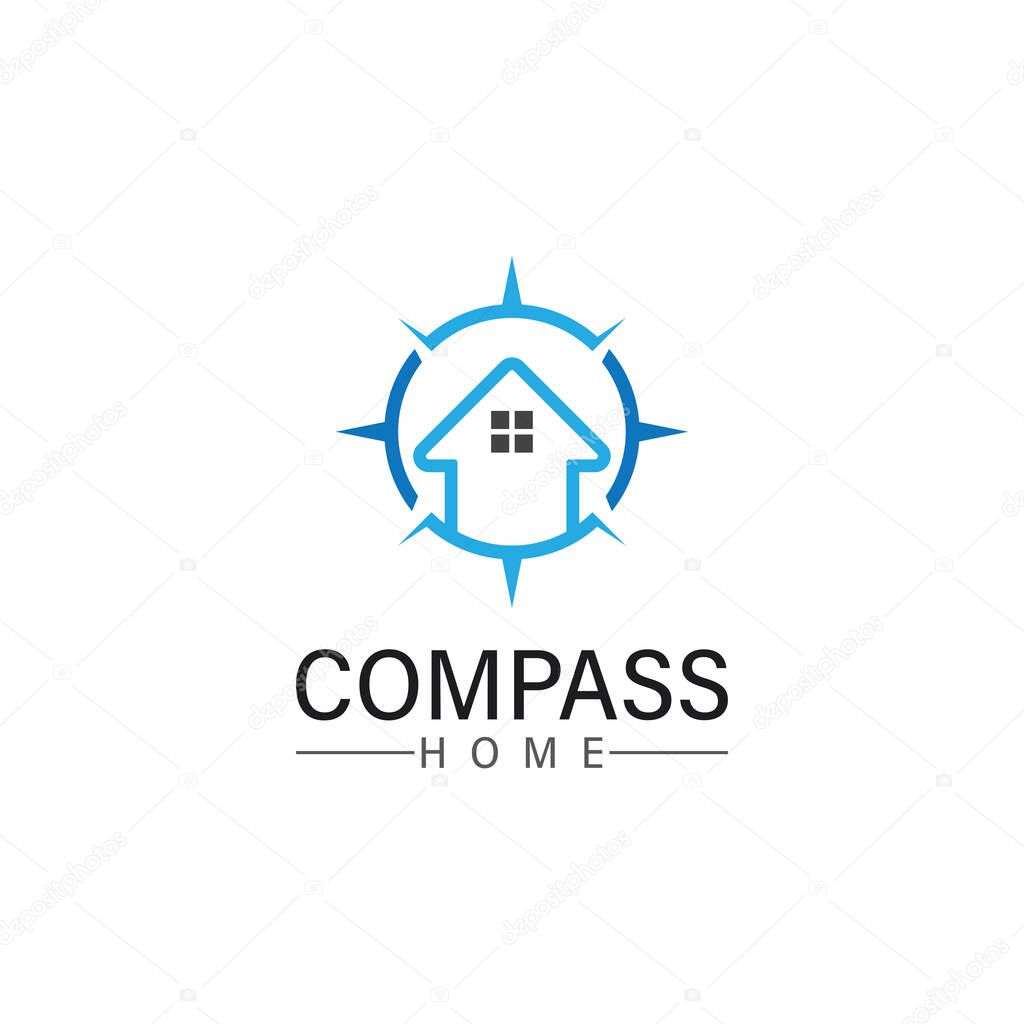 Logo search home icon.searching house with compass symbol logo
