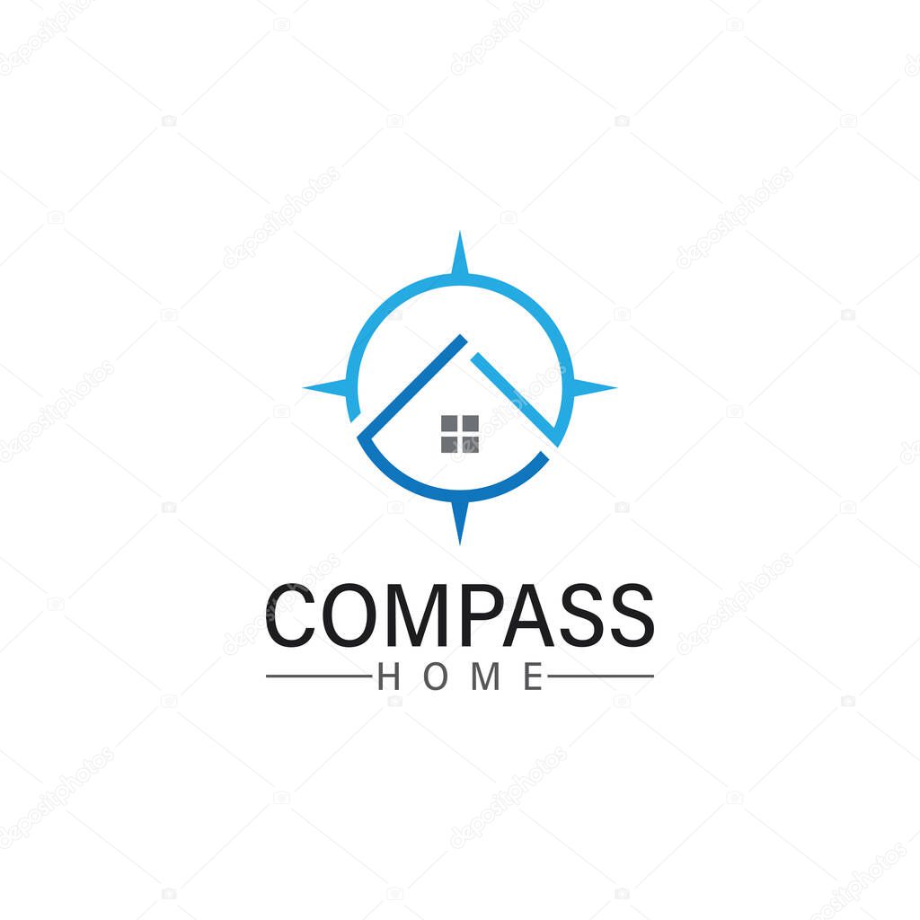 Logo search home icon.searching house with compass symbol logo